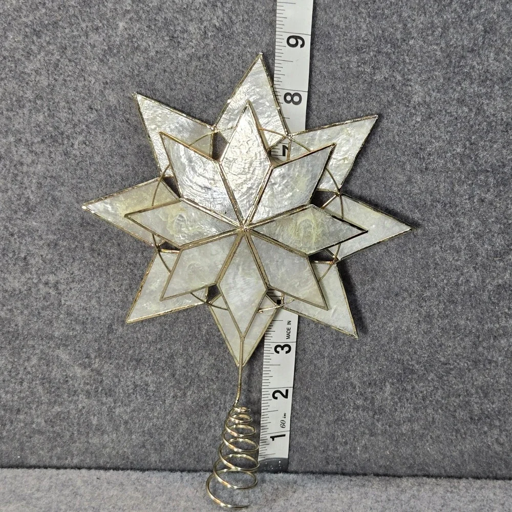 Vintage Capiz Shell Star Christmas Tree Topper Gold Tone Metal 9 Inch Holiday